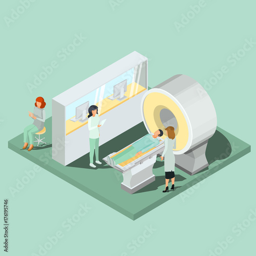 Medical cabinet with magnetic resonance imaging equipment, MRI scanner operator workplace with seat isometric projection vector illustration. High technologies for modern medicine diseases diagnosis