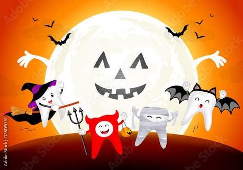 Funny cute cartoon tooth character. witch, devil, mummy and bat in moon night, happy Halloween concept. Design for banner, poster, greeting card. Illustration.