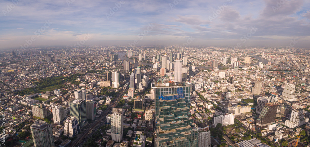 Skyscrapers In Sathorn And Silom Districts, Bangkok, Thailand, Aerial Panorama Shot