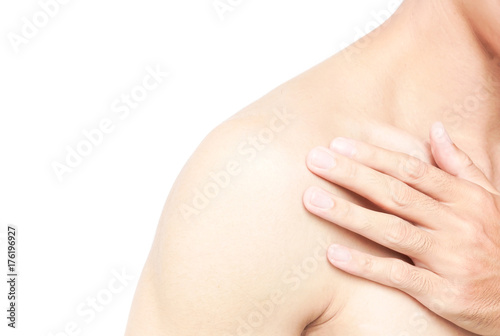 Closeup man holding shoulder with pain, healthy care and medical concept