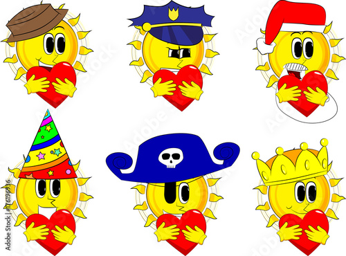 Cartoon sun hugging big red heart. Collection with costume. Expressions vector set.