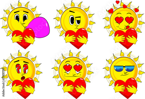 Cartoon sun hugging big red heart. Collection with various facial expressions. Vector set.