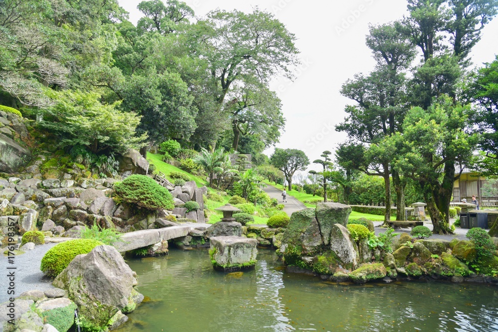 Traditional Japanese Garden Landscape of Senganen Garden in Kagoshima