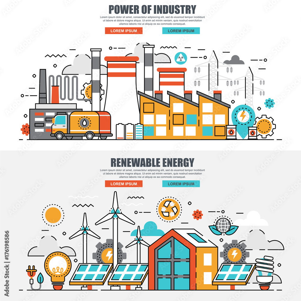 Business flat line concept web banner of power of industry and renewable energy. Conceptual linear vector illustration for web design, marketing, graphic design.