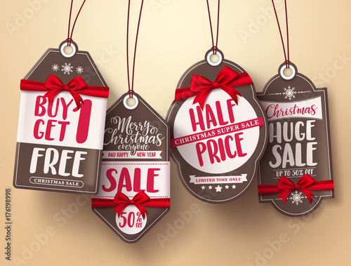Christmas sale tags vector set with red ribbon and different greeting, sale and discount text for christmas holiday shopping promotions. Vector illustration.
