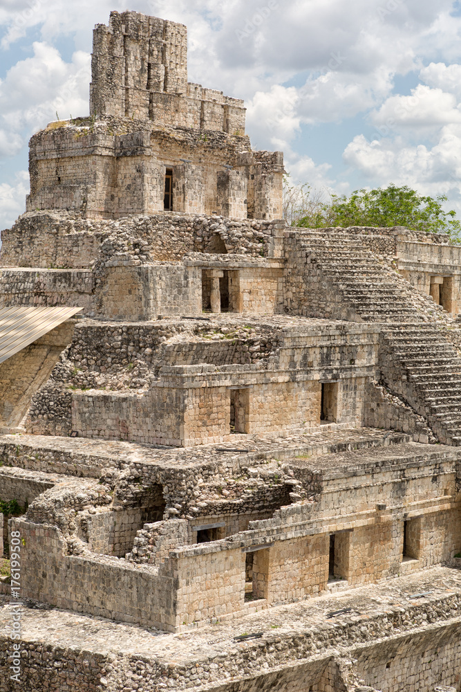 closeup details of the architectural style of the main structure of Edzna mayan temple