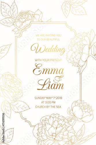 Wedding event invitation vintage card template. Border frame blooming rose peony flowers. Bright light shiny golden gradient. Clean white background. Vertical portrait aspect ratio. Text placeholder.