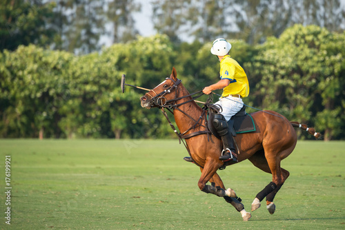 The horse polo player ride a horse