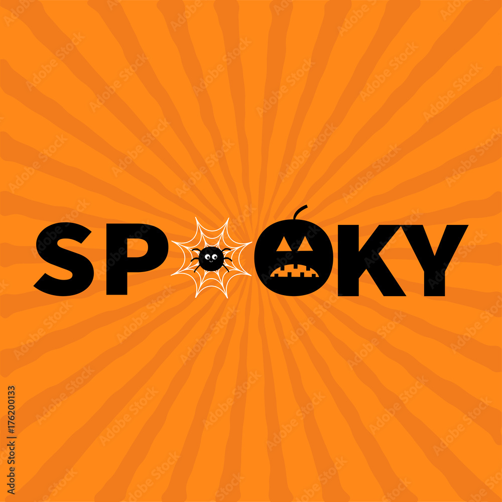 Word SPOOKY text with smiling sad black pumpkin silhouette. Spider ...