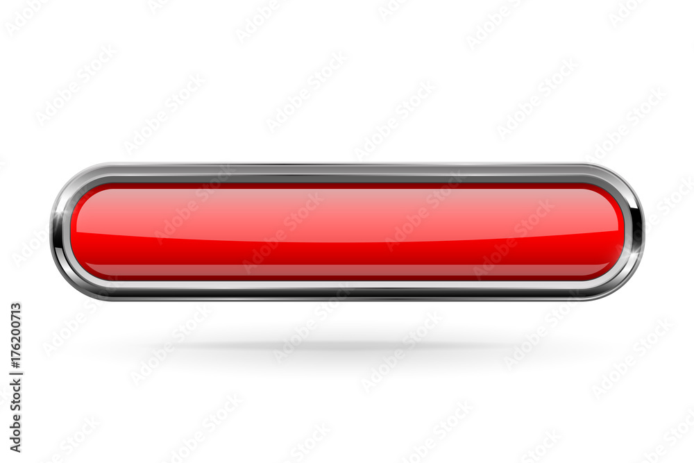 Red long rectangle button with bold chrome frame. 3d shiny icon - obrazy, fototapety, plakaty 