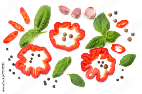 Wallpaper Mural mix of slice of tomato, basil leaf, garlic, sweet bell pepper and spices isolated on white background. top view Torontodigital.ca