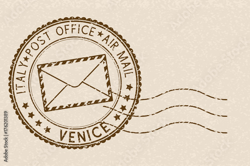 Postal stamp with VENICE title. Round brown postmark on beige background