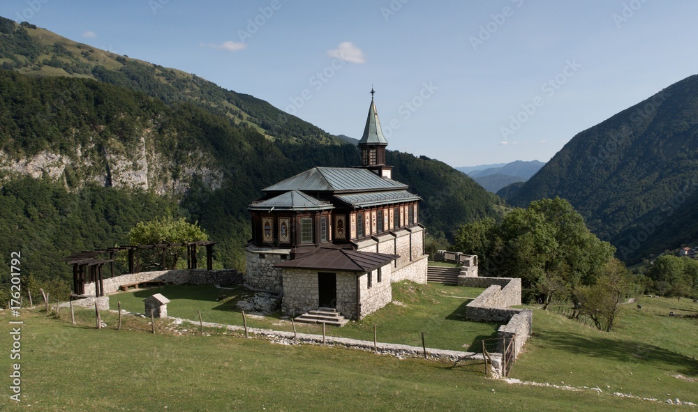 Javorca church - a memorial to fallen Austro-Hungarian soldiers from the First World War in Triglav national park in Julian Alps in Slovenia