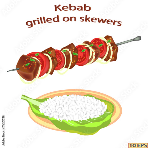 The kebab on skewers and garnish. Grilled meat and white rice side dish. Roasted meat with steamed rice. Fry kebab, rice, green vegetables and tomatoes. Vector illustration isolated on white backgroun