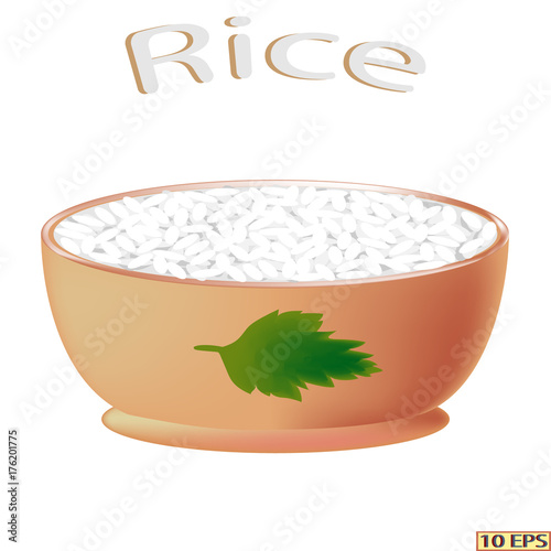Rice. The rice in the bowl isolated on white background. Rice in realistic style. Grain, food product design. Vector illustration.