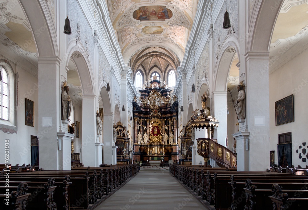 interior of the church Ober Pharkirche with the baroque altar in Bamerg in Germany