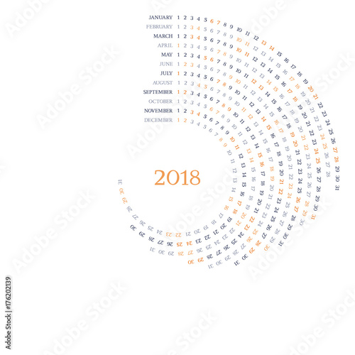 Round vector calendar grid for 2018 year