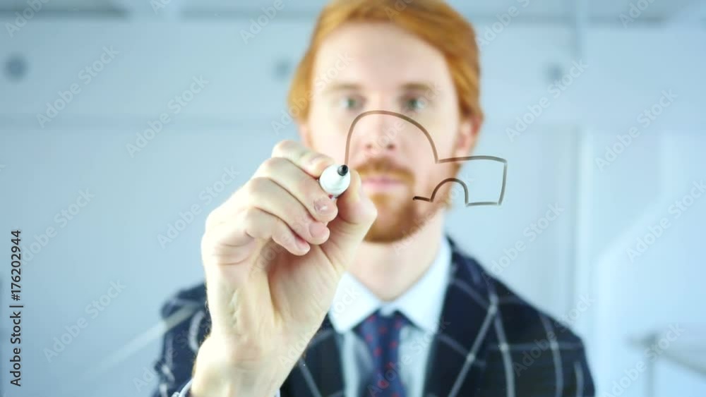 Engineer Drawing Car Concept on Transparent Glass in Office, Red Hairs Engineer Drawing Car Concept on Transparent Glass in Office, Red Hairs