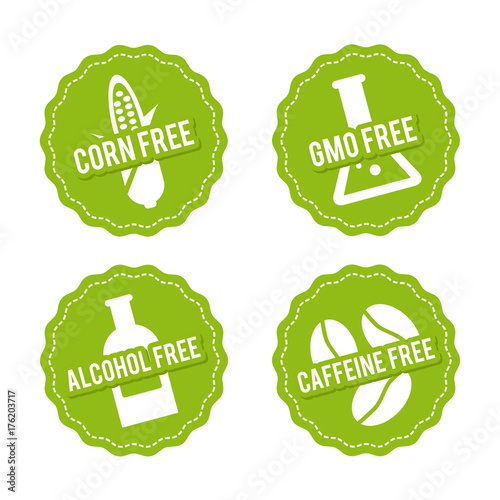 Set of Allergen free Badges. Corn free, GMO free, Alcohol free, Caffeine free. Vector hand drawn Signs. Can be used for packaging Design.