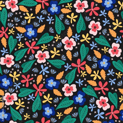 Seamless vector pattern. Bright colored flowers.