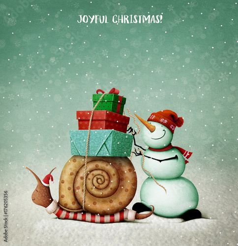 Holiday greeting card with  Snail , Snowman and gifts for Christmas or New Year 
