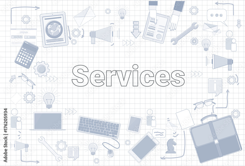 Services Word With Office Stuff Icons On Squared Background Customer Help Satisfaction Concept Vector Illustration