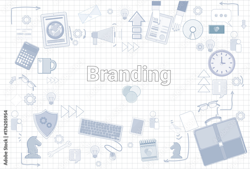 Branding Creation And Development Concept Keyword With Office Stuff Icon Over Squared Background Vector Illustration