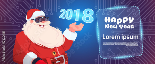 Santa Claus Wear Digital Glasses Virtual Reality Concept Merry Christmas And Happy New Year Greeting Card Flat Vector Illustration