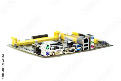 Image of Computer Motherboard on a white background. Equipment and computer hardware