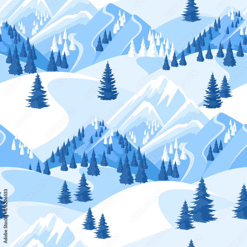 Fototapeta premium Winter seamless pattern. Beautiful landscape with snowy mountains and fir forest