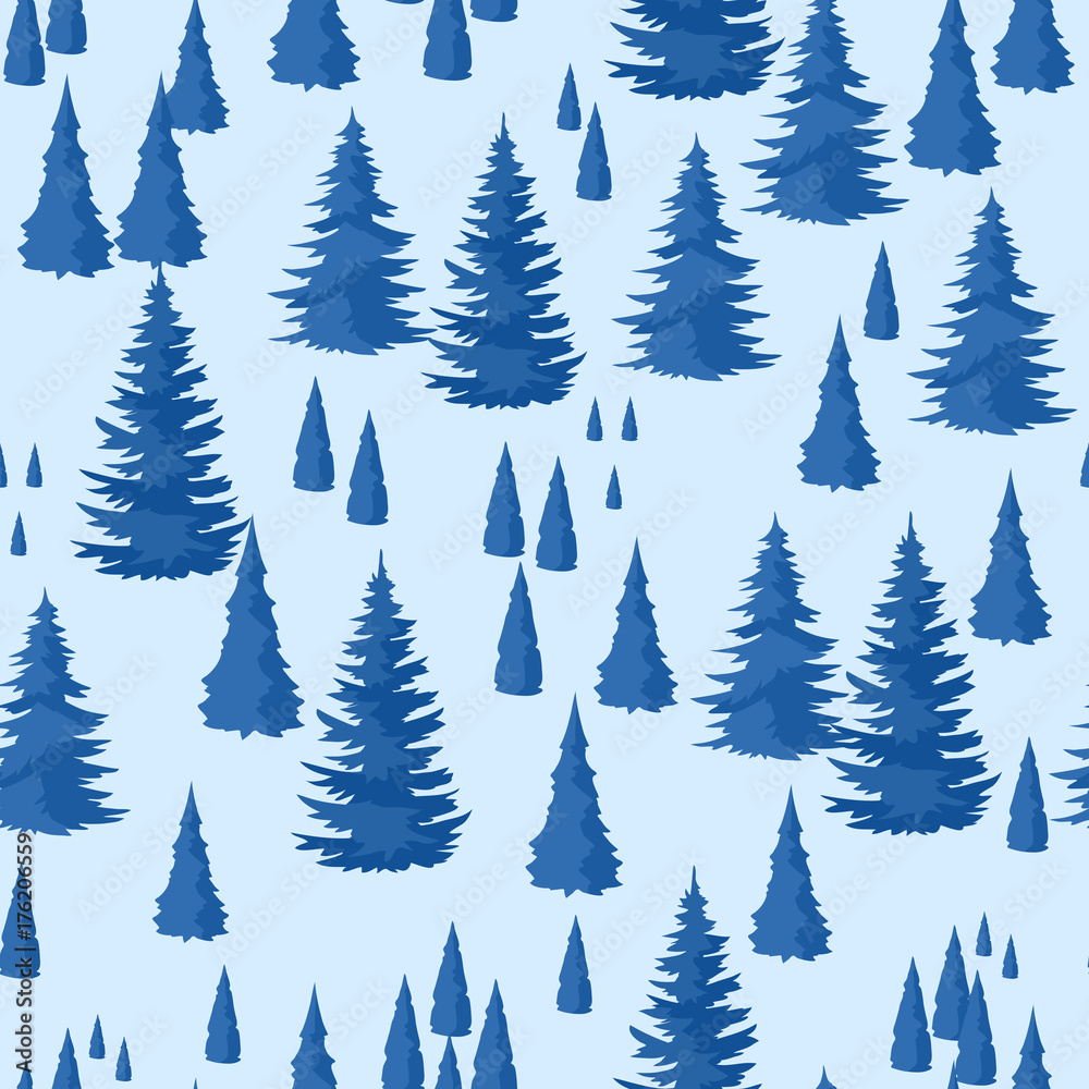Winter seamless pattern. Landscape with fir forest