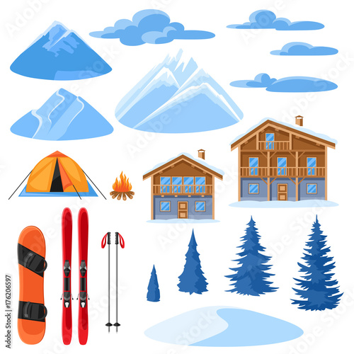 Winter set for design. Alpine chalet houses, snowboard, ski, snowy mountains and fir trees