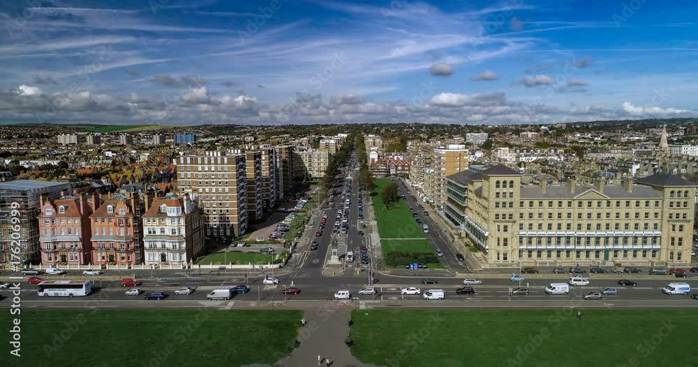 Aerial time lapse view of the regency seafront in Brighton and Hove, Southern England (hyperlapse)