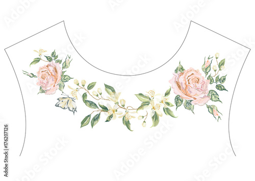 Embroidery vintage floral pattern with pink roses. Vector embroidered neckline with flowers for fabric and wearing design.