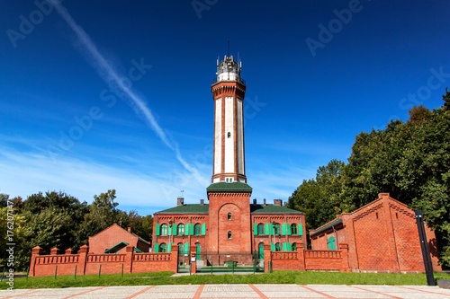 Historic lighthouse on the Baltic Sea in Niechorze, Poland, Europe. Lighthouse was built in 1866.