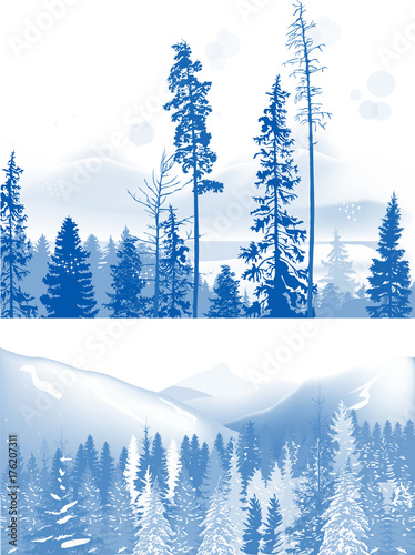 two blue landscapes with forest in mountains