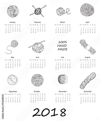 Calendar 2018 with yarn balls and knitting in vector