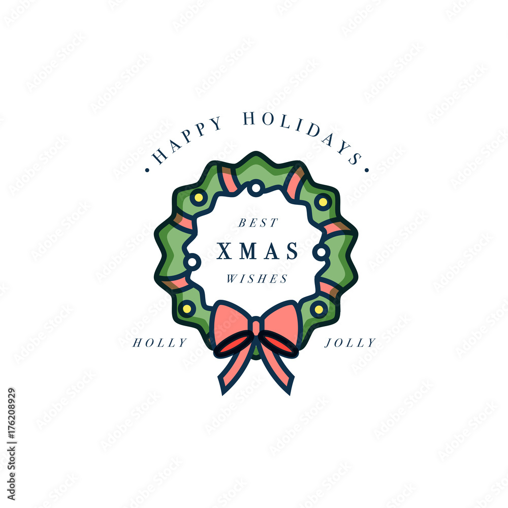 Lovely Merry Xmas concept flat design with green wreath decorated with red ribbon and golden globes. T Lovely Merry Xmas concept flat design with green wreath decorated with red ribbon and golden globes. T