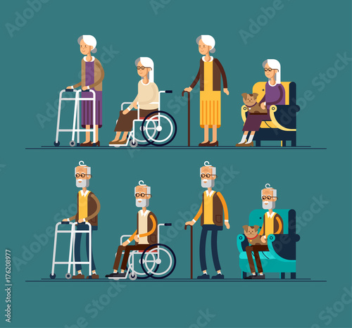 Set of elderly persons. Grandfathers and granfathers in a wheelchair and with walking stick and paddle walker. Vector illustration in a flat style
