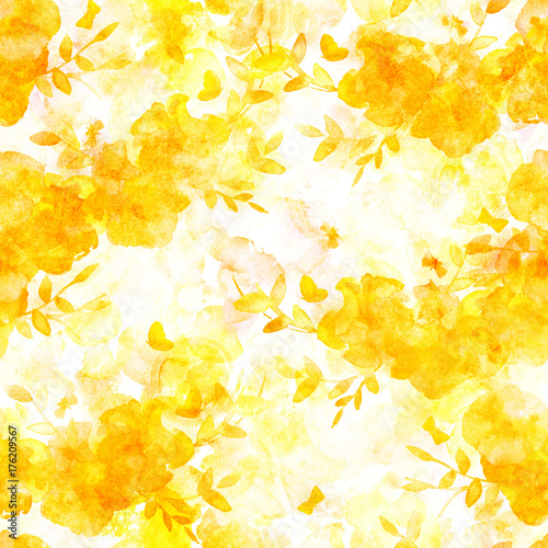 Seamless pattern, abstract watercolor butterflies and flowers, golden toned