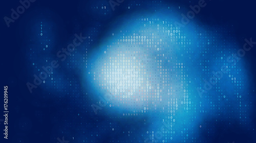 Vector abstract big data visualization. Blue glowing data flow as binary numbers. Computer code representation. Cryptographic analysis, hacking. Bitcoin, blockchain transfer. Pattern of program code