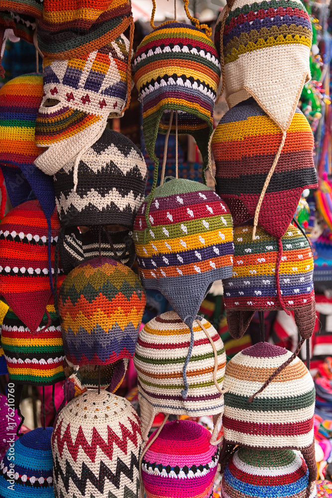 Chichicastenango, Guatemala: illustrative editorial closeup details of mayan traditional hand knitted textile hats pattern