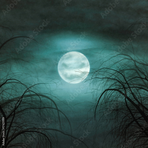 Moon with face in cloudy sky with trees in foreground, textured image