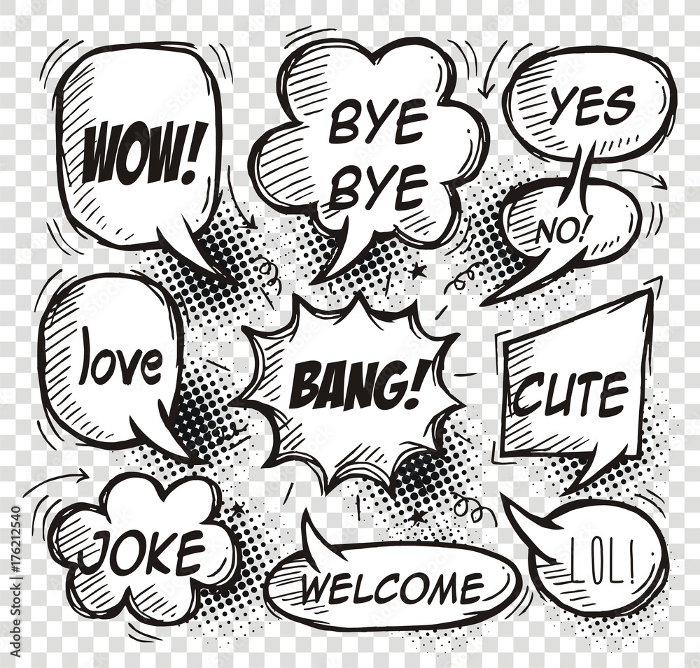 Set of comic speech bubbles with dialog words: wow,love.welcome,bang, cute . Vector illustration. Set of comic speech bubbles with dialog words: wow,love.welcome,bang, cute . Vector illustration.