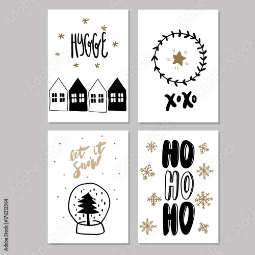 Set of doodle Christmas greeting card. Vector hand drawn cute icons. Scandinavian style. Xmas tree, houses, garland, snow globe and lettering. New Year scrapbooking. Holiday festive party.
