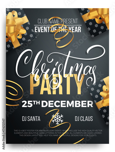 Christmas party poster design. Background of Christmas lettering, gift packages and curly gold gift ribbons