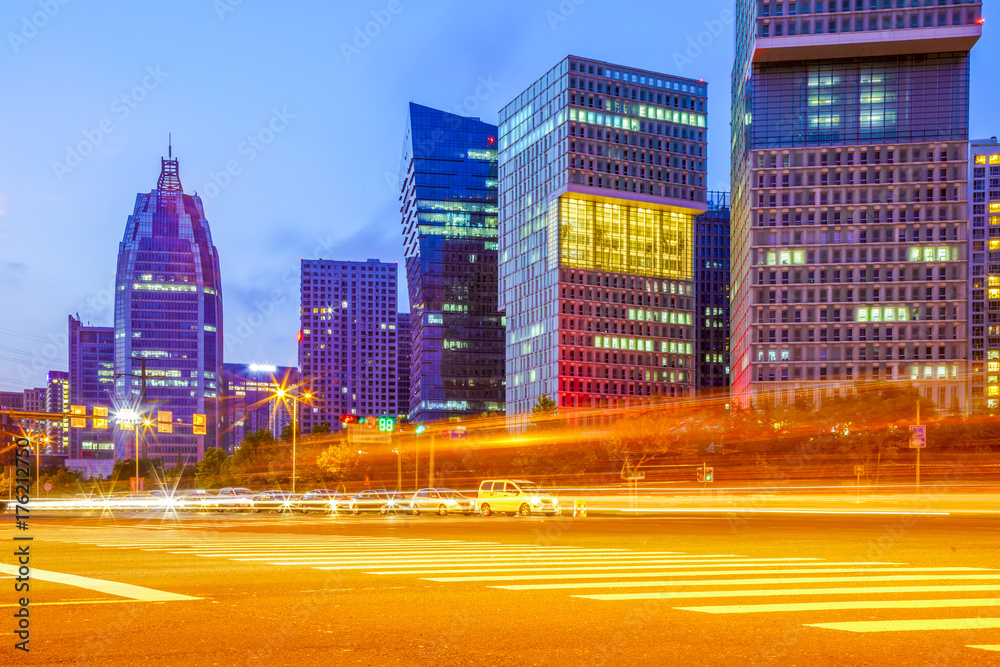 Fototapeta premium Urban architecture, night view and urban road