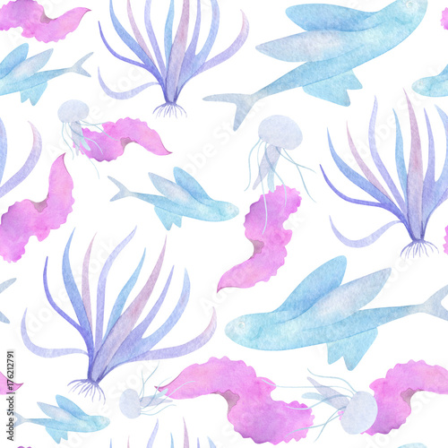 Watercolor underwater pattern with blue sea lily medusa flying fish and purple porphyra on white background