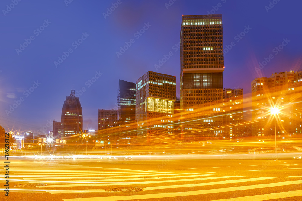 Urban architecture, night view and urban road