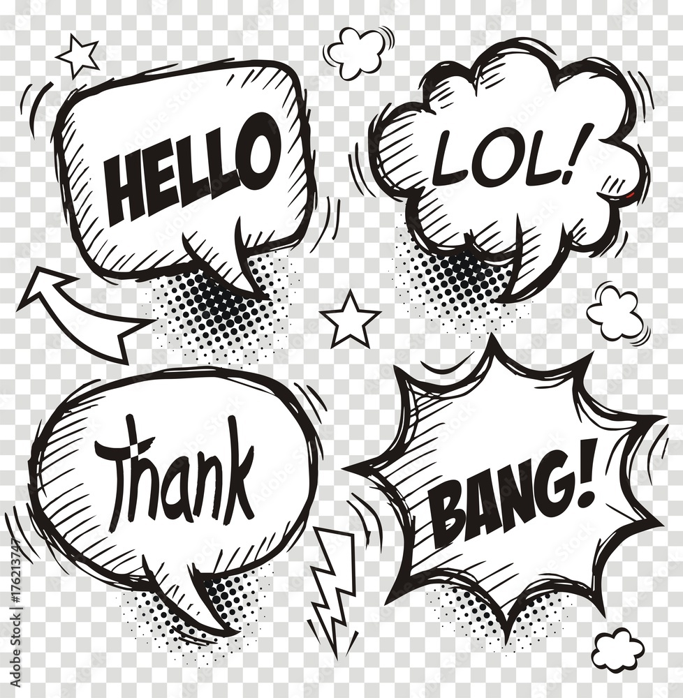 Set of comic speech bubbles with dialog words: hello,lol,thank,bang . Vector illustration.